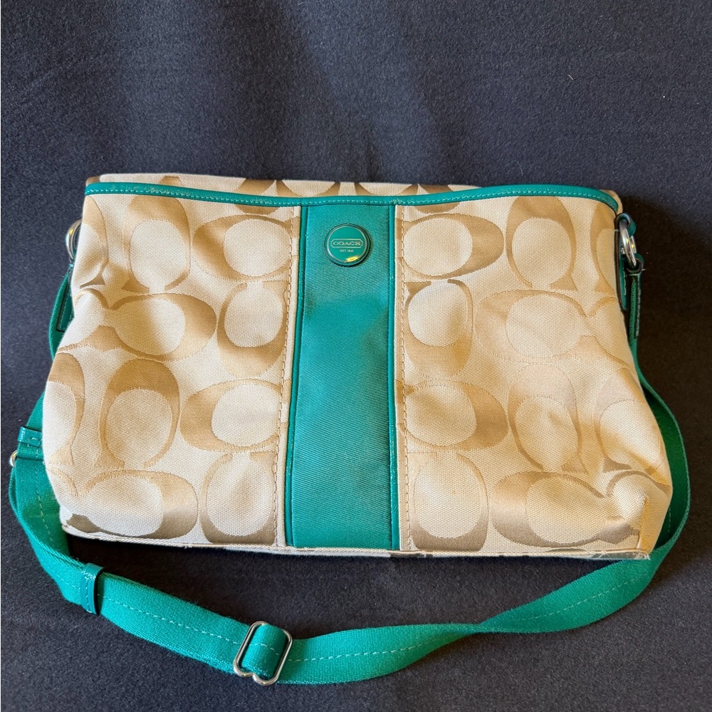Coach Fold Over Crossbody F23304 Teal and Tan Shopper